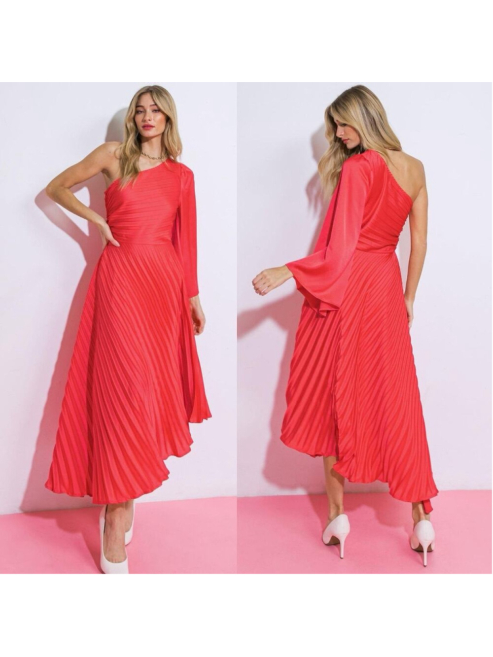 Flying Tomato Write This Down Coral One Shoulder Acordian Midi Gown Dress M